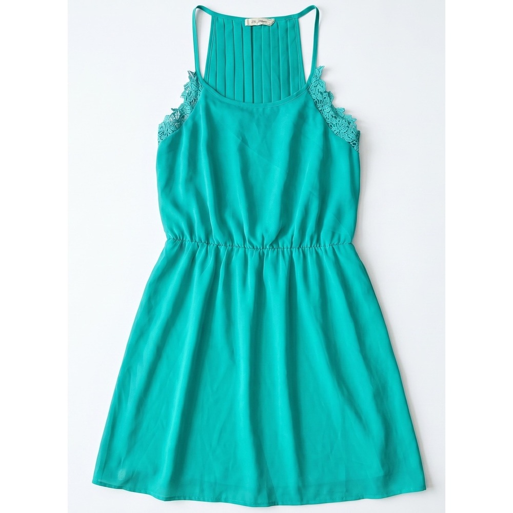 Dygarni California Teal Lace Trim Pleated Halter Mini Dress Womens Large‎